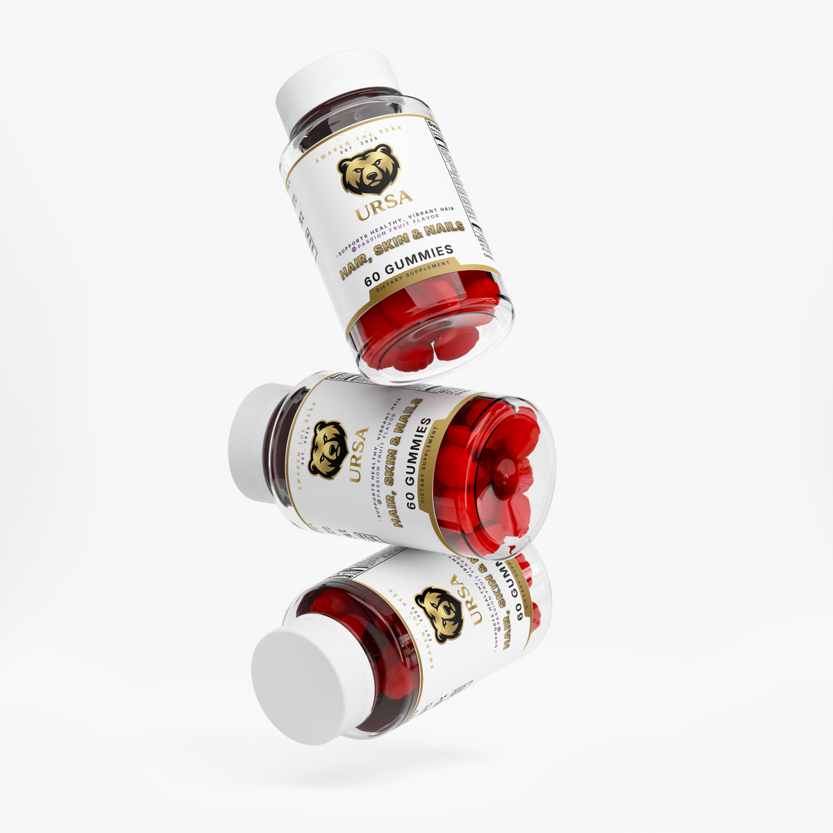 URSA Hair, Skin & Nails Gummies, a 60-count jar of passion fruit gummies with biotin and marine collagen