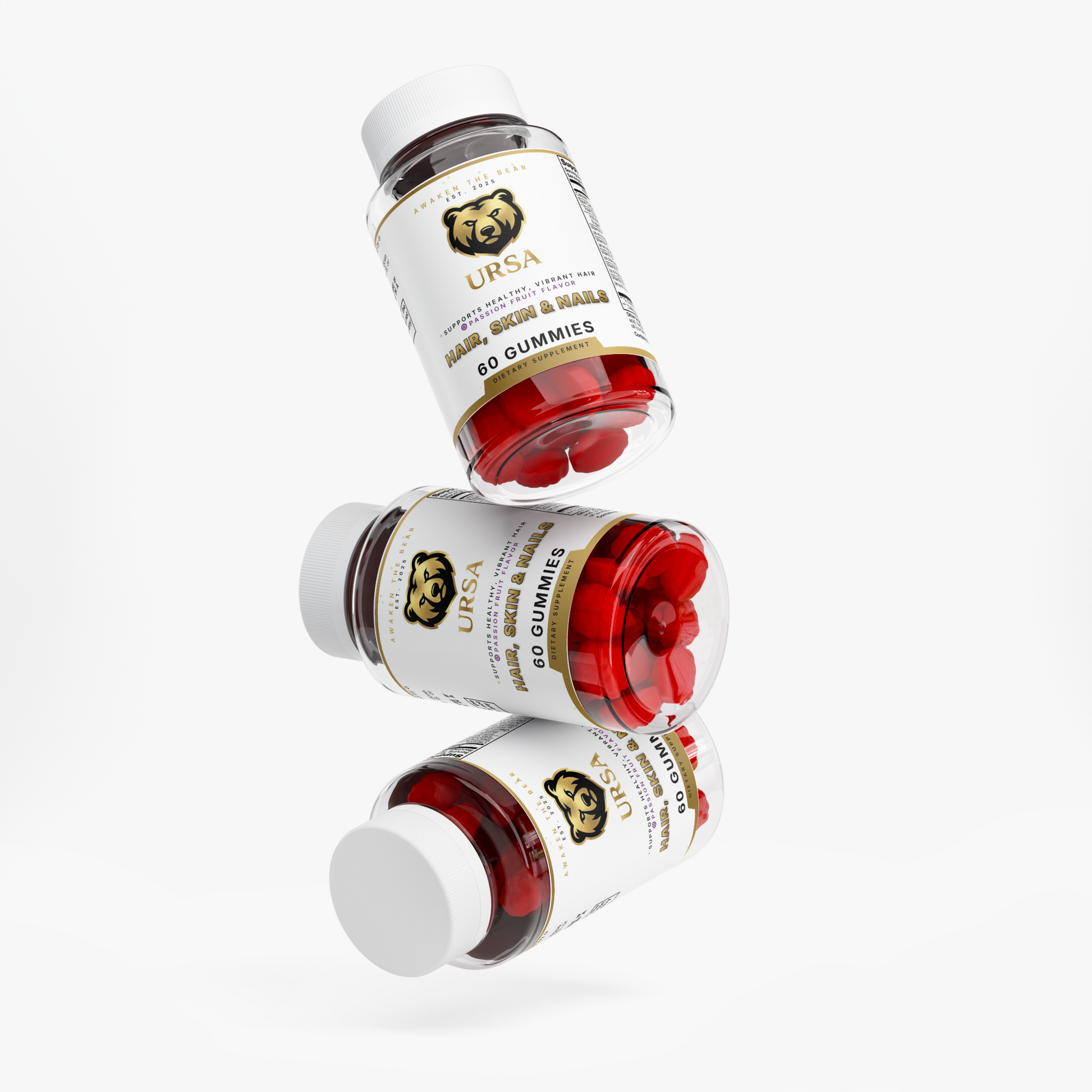URSA Hair, Skin & Nails Gummies, a 60-count jar of passion fruit gummies with biotin and marine collagen