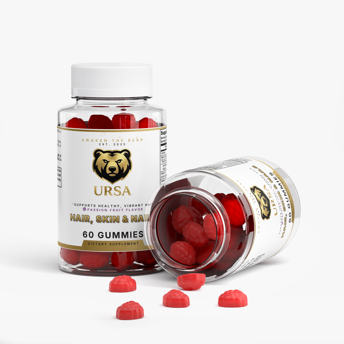 URSA Hair, Skin & Nails Gummies, a 60-count jar of passion fruit gummies with biotin and marine collagen
