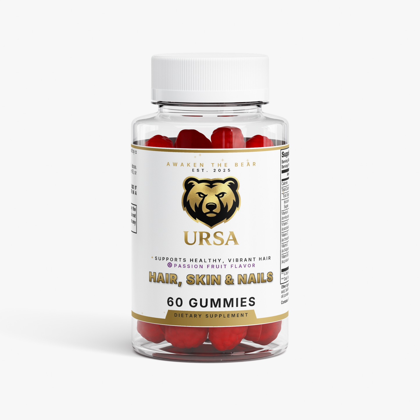 URSA Hair, Skin & Nails Gummies, a 60-count jar of passion fruit gummies with biotin and marine collagen