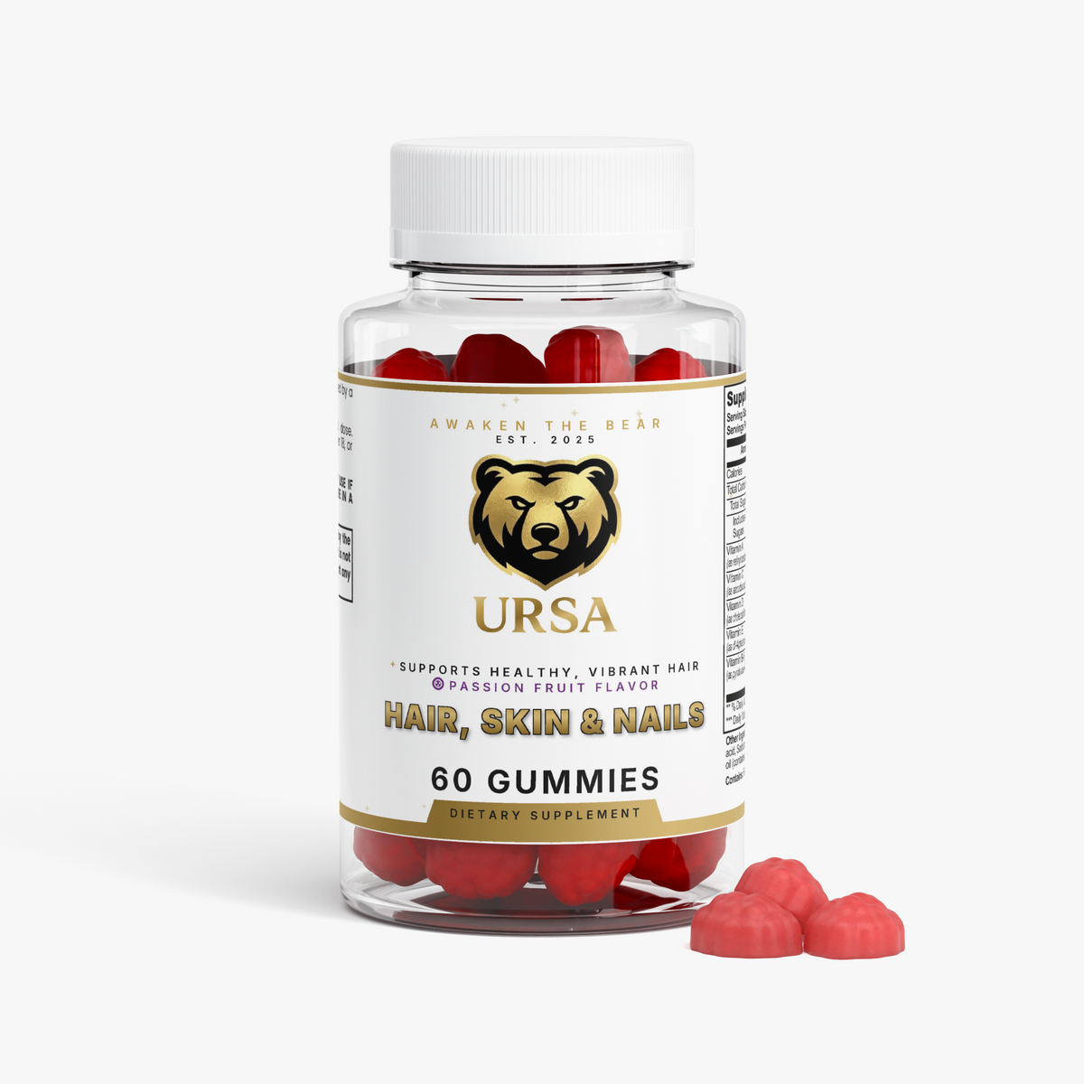 URSA Hair, Skin & Nails Gummies, a 60-count jar of passion fruit gummies with biotin and marine collagen