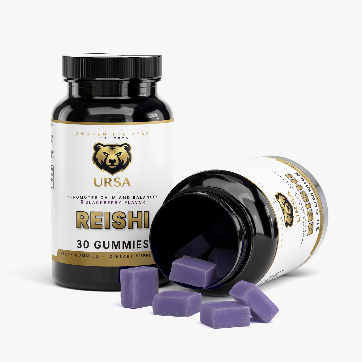 URSA Reishi Relax Gummies, a 30-count jar of blackberry gummies with reishi extract