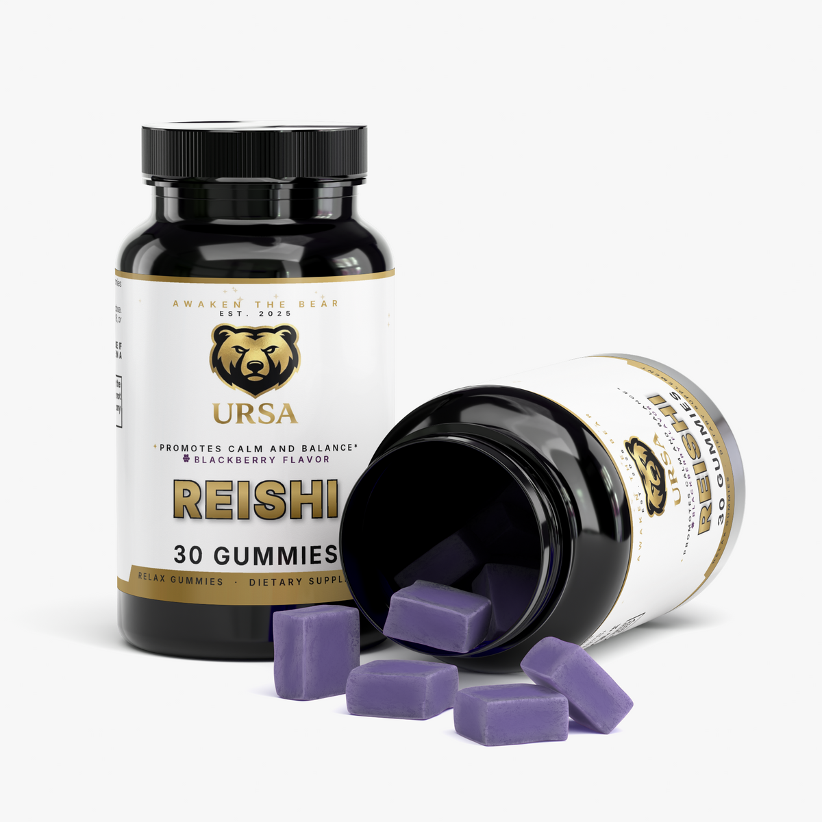 URSA Reishi Relax Gummies, a 30-count jar of blackberry gummies with reishi extract